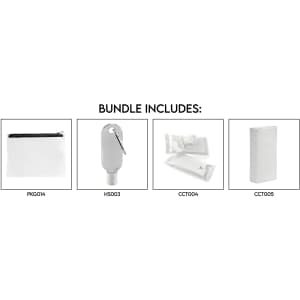 A clear pouch, a grey hand sanitiser, and several white hygiene packets. The bundle is packaged together.