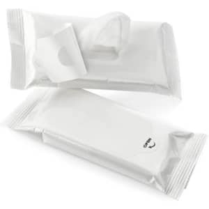 A pack of white wipes, featuring a resealable top, with an additional pack partially opened in the foreground.