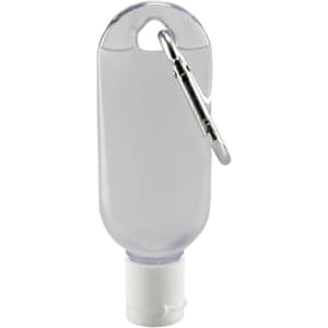 A clear, squeezable bottle with a white twist-off cap and a metal clip attachment.
