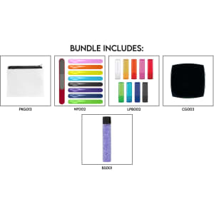 A clear pouch includes a black nail polish, a coloured file set, and a purple bottle of nail treatment.