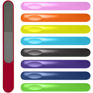 A set of nail files in various colours, including red, pink, orange, yellow, blue, black, and purple.