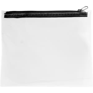 A clear pouch with a black zip closure, suitable for storage and organisation of beauty or personal care items.