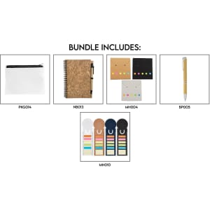 A white zip pouch, cork notebook, coloured sticky notes, a gold pen, and colourful sticky flags are included in the eco-friendly bundle.