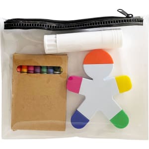 A clear pencil case containing a glue stick, colourful crayons, and a large figurine-shaped eraser.