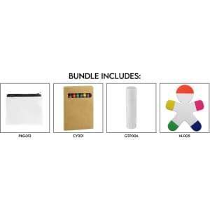 A transparent pencil case, brown notebook with coloured pens, a white drink bottle, and a multicoloured sticky note holder.