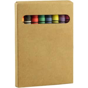 A brown pencil case featuring a window displaying various coloured crayons. The case has a simple, minimalist design.