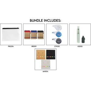 A clear zip pouch, assorted notepads in red, blue, and green, tape measures, and a grey drink bottle with a logo.
