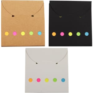 Three envelope-shaped pouches in brown, black, and white, each featuring colourful dot accents in pink, yellow, and green.