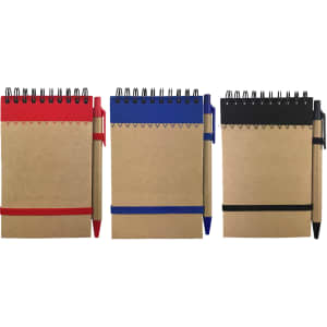 A set of three spiral-bound notebooks in red, blue, and black, each with a matching pen and an elastic band.