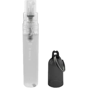 A transparent spray bottle with a black cap and keyring attachment, designed for easy portability.