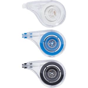 Three correction tape dispensers in clear, blue, and black colours, featuring a logo on each unit.