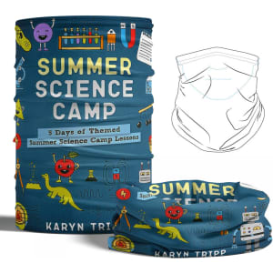 A tubular bandana featuring a colourful science camp design, primarily in blue, with illustrations and a logo.