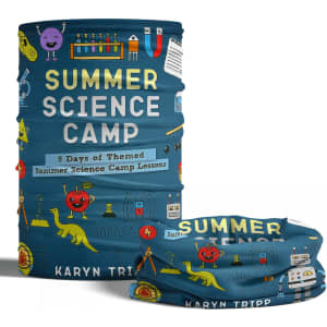 A tubular bandana featuring a vibrant blue design with various science-themed graphics and a logo.