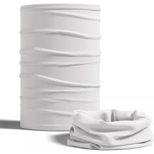 A white tubular bandana with a textured design, displayed in a cylindrical form and a flat, gathered shape.