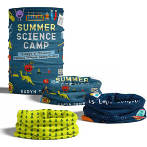 A collection of kids' tubular bandanas in bright yellow and blue, featuring fun science-themed designs.