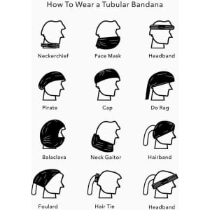 A guide illustrating various ways to wear a tubular bandana, featuring different styles and positions.