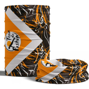 A tubular bandana in orange, black, and white with a dynamic pattern and a logo.