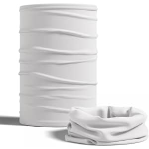 A white tubular bandana with a textured design, presented in a cylindrical shape and a folded format.
