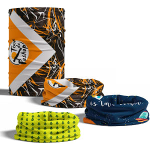 Tubular bandanas in various designs, featuring orange, black, yellow, and blue colours, with some having logos.