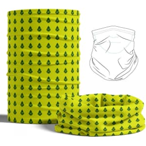 A yellow tubular bandana with green tree patterns, displayed in a stacked and laid-out position.