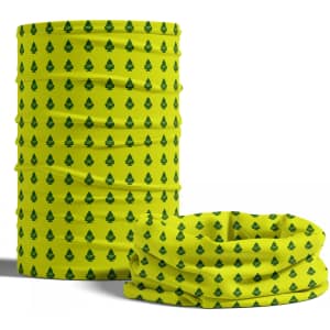 A tubular bandana in bright yellow featuring a repetitive green tree pattern, displayed in two sizes.