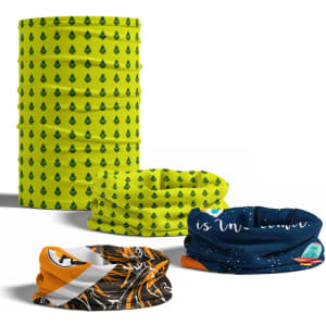 A collection of four tubular bandanas in various designs: bright yellow with trees, orange, black with patterns, and blue with stars.