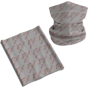 A grey Coolmax bandana featuring a repeating red logo pattern, designed for kids' headwear.