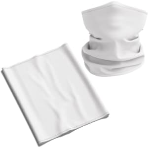 A white Coolmax bandana displayed flat alongside a styled neck gaiter, both featuring a logo.