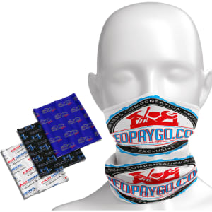A display of Coolmax bandanas in blue, black, and white, featuring various patterns and logos.