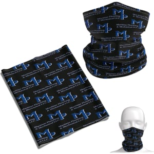 A black Coolmax bandana featuring blue logos displayed in various styles, including a neck gaiter.