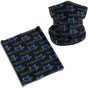 A Coolmax bandana in black with a repeating blue logo design, featuring a versatile, stretchy fabric.
