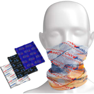 A bandana featuring various colours including blue, white, and black, displayed on a mannequin head with multiple folded bandanas nearby.