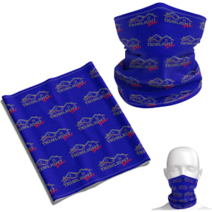 A blue Coolmax bandana featuring a logo, displayed in a flat and worn position.