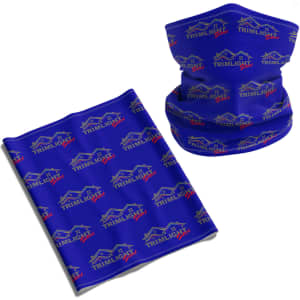 A blue Coolmax bandana featuring a repeating logo pattern, displayed flat and in a tubular shape.