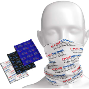 A bandana in blue, black, and white featuring a logo, displayed on a mannequin head.