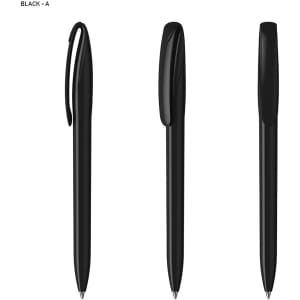 A black plastic pen displayed from multiple angles, featuring a sleek design and a clip.