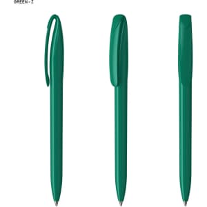 A set of green plastic pens, featuring a sleek design and clip for easy attachment. Each pen has a smooth body.