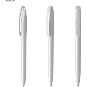 A set of three white plastic pens with a sleek design and clips, featuring a logo on each.