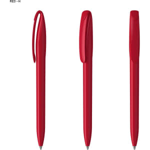 A set of three red plastic pens displayed from different angles, featuring a clip and rounded tips.