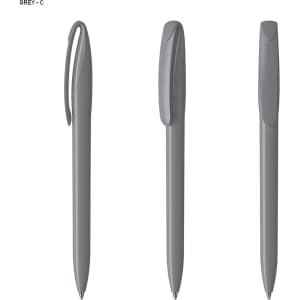 A grey plastic pen with a smooth curved design, featuring a clip and rounded tip, displayed from multiple angles.