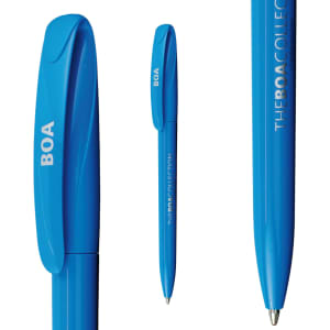 A blue plastic pen with a logo, featuring a smooth barrel and a click-top mechanism.