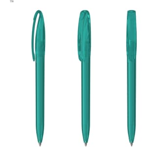 A set of three plastic pens in transparent teal, featuring clip closures and smooth barrel designs.