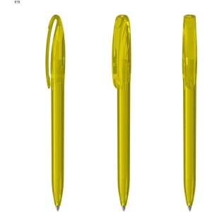 A set of transparent yellow plastic pens with a clip and click mechanism, featuring a smooth barrel design.