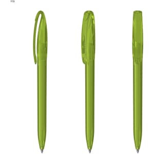 A set of plastic pens in vibrant green, featuring a transparent design and a logo on the side.