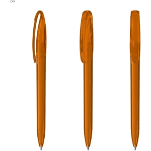 A set of orange plastic pens, featuring a transparent design and equipped with clips. Each pen has a silver tip.