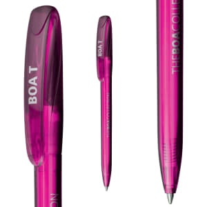 A bright pink plastic pen with a transparent design and a rounded cap, featuring a logo.