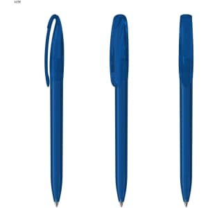 A set of transparent blue plastic pens with click mechanism and clip. The pens have a sleek design and a brand logo.