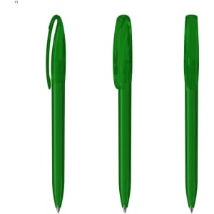 Three transparent green plastic pens are displayed, featuring a simple design and clips on the caps.