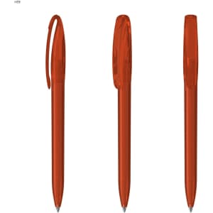 A set of three transparent orange plastic pens with clips, featuring a sleek design and a shiny finish.