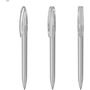 A transparent plastic pen displayed from three different angles. The pen features a clear barrel and clip.